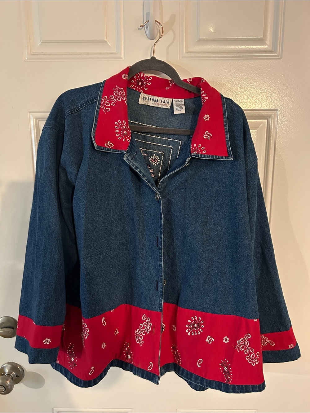 Women’s Denim Jacket with Red Bandana Trim